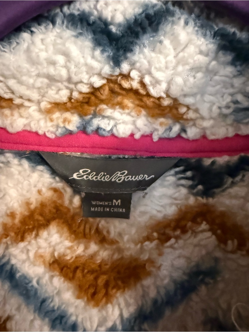 Eddie Bauer Cream Sherpa Pullover with Navy, Mustard, and Pink Accents - Picture 3 of 4